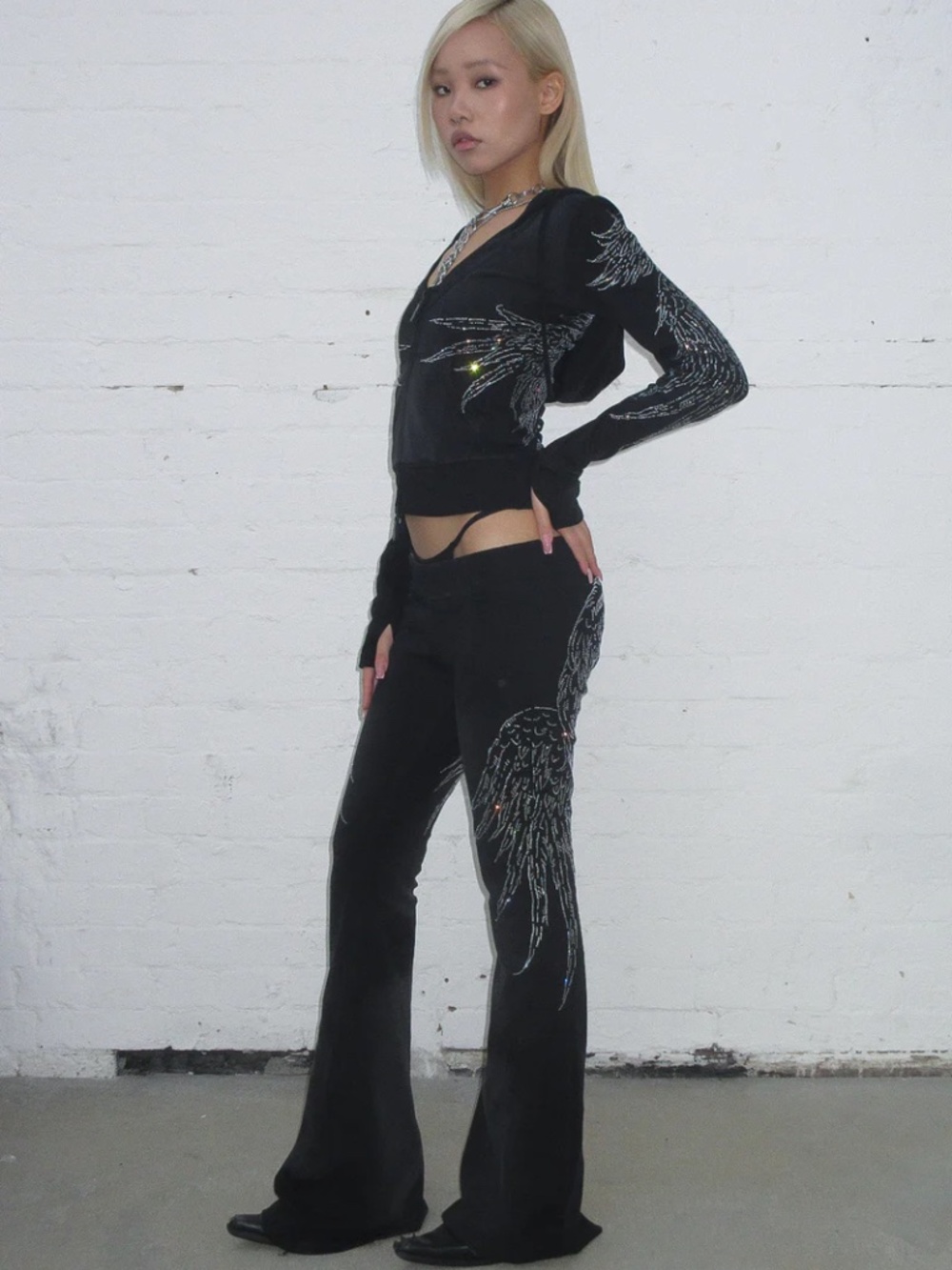 NWT NAMED COLLECTIVE FALLEN RHINESTONE VELOUR TRACKSUIT BLACK